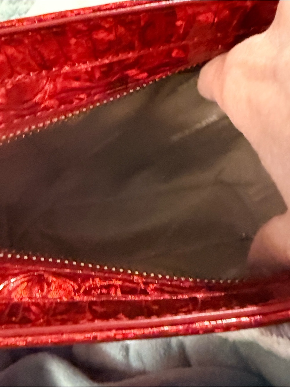 Glossy Red Croc-Embossed Satchel with Gold Accents teal leather - Picture 9 of 14